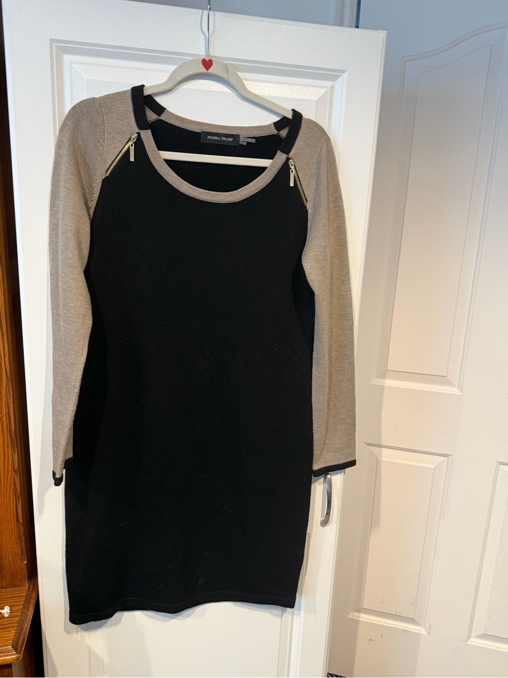 Ivanka Trump Black Dress with Taupe Sleeves and Gold Zippers